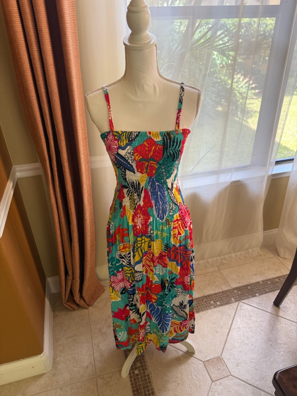 Teal Tropical Floral Midi Dress with Smocked Bodice
